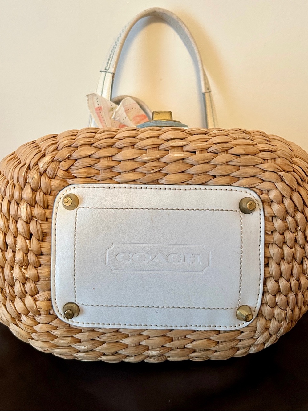 Coach Y2K wicker tote, with white trim and aqua blue stitch-ing. Purse Charm - Picture 8 of 10